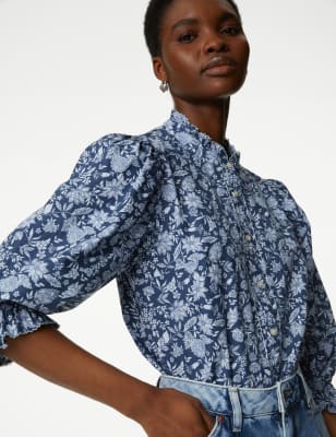 

M&S Collection Blusa floral con cuello alto 100% algodónWomens - Blue Mix, Blue Mix