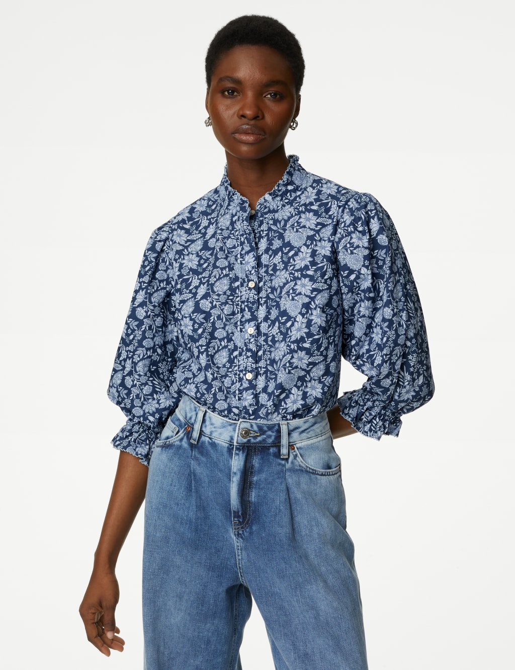 Pure Cotton Floral High Neck Blouse image 4