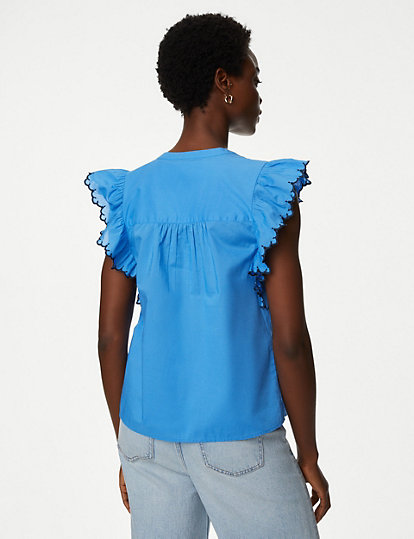 Pure Cotton V-Neck Frill Sleeve Blouse