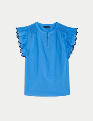 Pure Cotton V-Neck Frill Sleeve Blouse