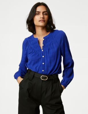 

Womens M&S Collection Cotton Blend Button Through Popover Blouse - Electric Blue, Electric Blue