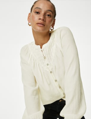 

Womens M&S Collection Cotton Blend Button Through Popover Blouse - Ivory, Ivory