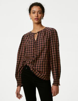 Modal Rich Checked Tie Neck Blouse