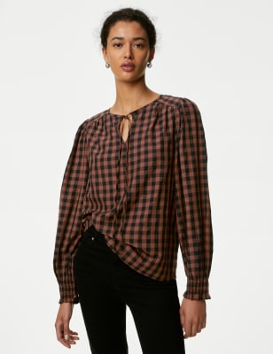 

Womens M&S Collection Modal Rich Checked Tie Neck Blouse - Brown Mix, Brown Mix