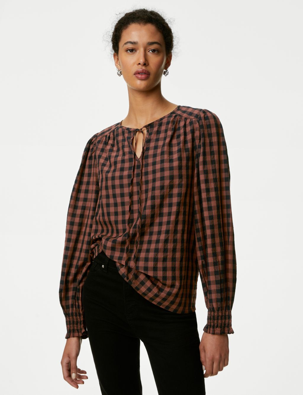 Modal Rich Checked Tie Neck Blouse image 1