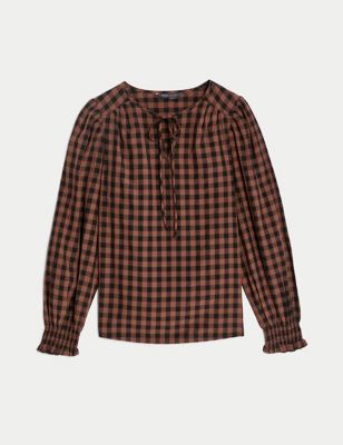 Modal Rich Checked Tie Neck Blouse