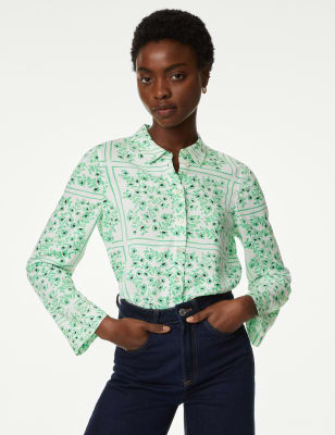

Womens M&S Collection Geblümte Bluse Kragen - Green Mix, Green Mix