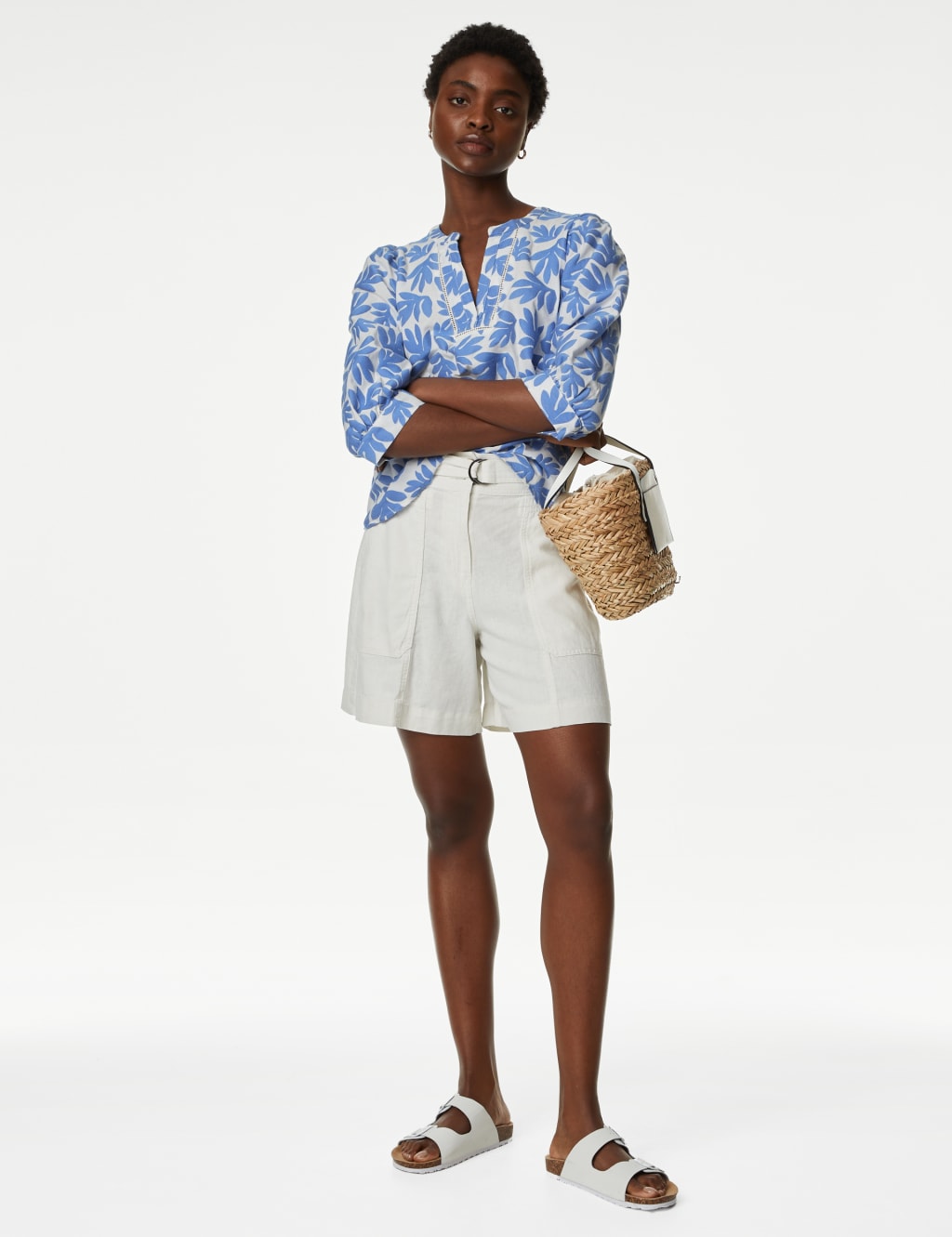 Cotton Blend Jacquard V-Neck Popover Blouse image 1