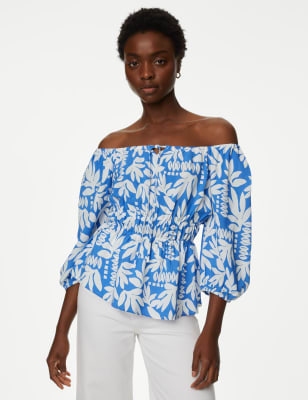 

M&S Collection Top péplum estampado de manga blusónWomens - Blue Mix, Blue Mix