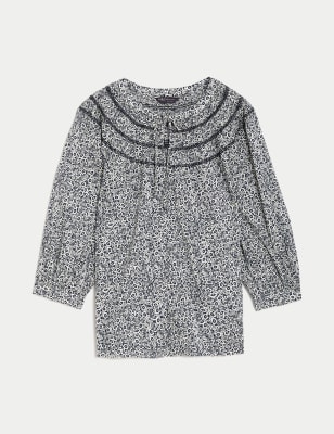 Pure Cotton Floral Tie Neck Smocked Blouse