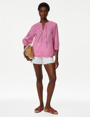

Womens M&S Collection Pure Cotton Smocked Detail Top - Pink, Pink