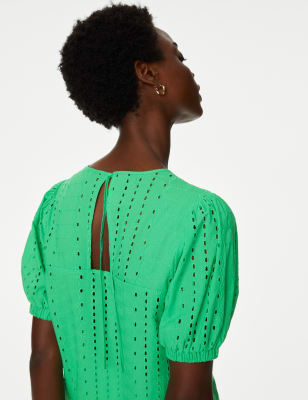 

Womens M&S Collection Pure Cotton Broderie Puff Sleeve Blouse - Acid Green, Acid Green