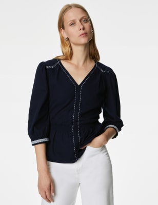 

Womens M&S Collection Pure Cotton Embroidered V-Neck Blouse - Navy, Navy