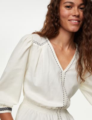 Cotton V-Neck Pintuck Long Sleeve Blouse, M&S Collection