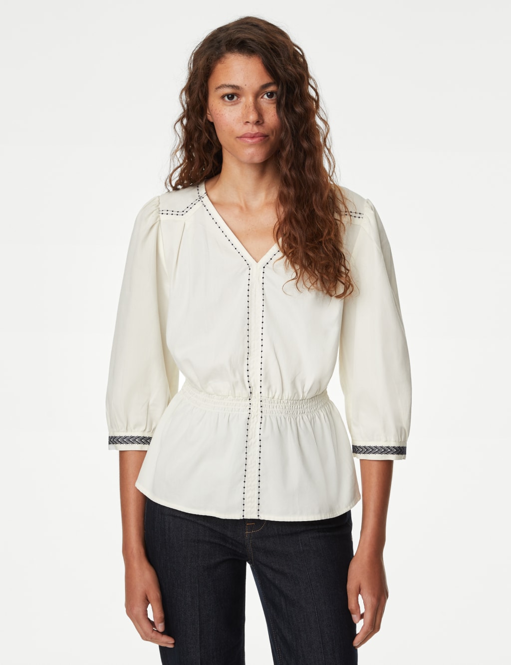 Pure Cotton Embroidered V-Neck Blouse image 4