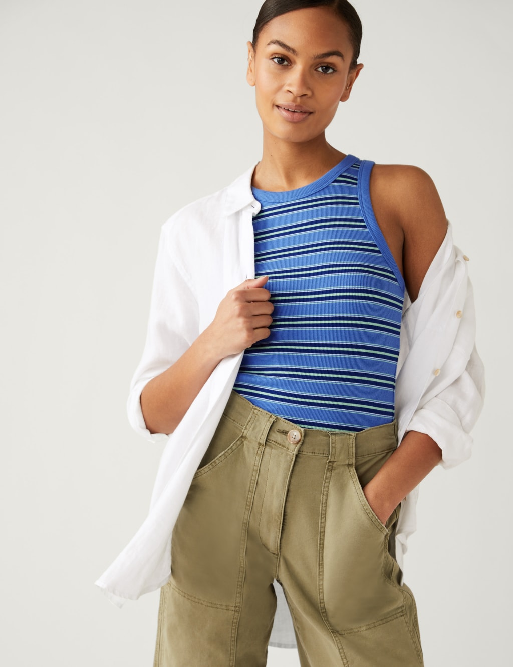 Cotton Rich Striped Ribbed Vest Top image 1