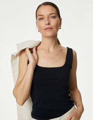 M&S Women's Pure Cotton Fitted Vest - 8 - Black, Black,Soft White