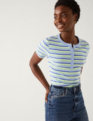 

Womens M&S Collection Geripptes Henley-Oberteil mit hohem Baumwollanteil - Blue Mix, Blue Mix