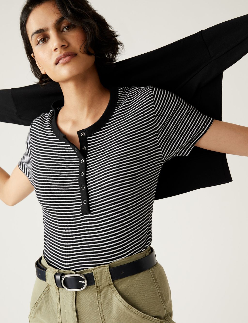 Cotton Rich Ribbed Striped Henley Top image 1