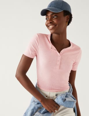 

Womens M&S Collection Cotton Blend Ribbed Henley Top - Antique Rose, Antique Rose