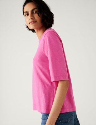 

Womens M&S Collection T-Shirt aus reiner Baumwolle mit Tea-Dye-Effekt - Hot Pink, Hot Pink