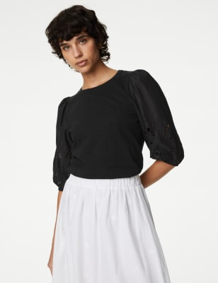 

Womens M&S Collection Pure Cotton Broderie Top - Black, Black