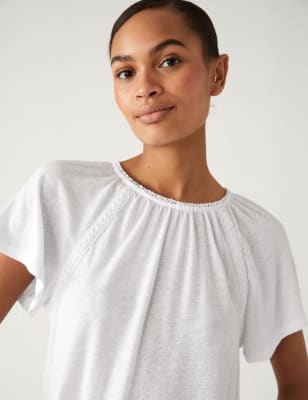 

Womens M&S Collection Linen Rich Broderie Top - White, White