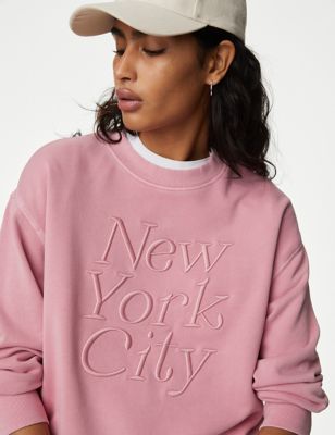 M&S Womens Pure Cotton Slogan Sweatshirt - M - Pink, Pink,Ivory