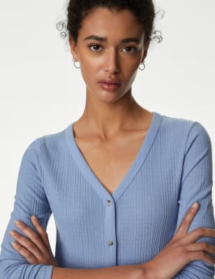 

Womens M&S Collection Cotton Blend Ribbed V-Neck Cardigan - Blue, Blue