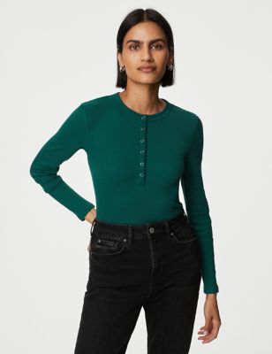 

Womens M&S Collection Cotton Rich Ribbed Henley Top - Hunter Green, Hunter Green