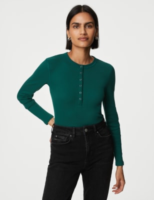 

Womens M&S Collection Geripptes Henley-Oberteil mit hohem Baumwollanteil - Hunter Green, Hunter Green