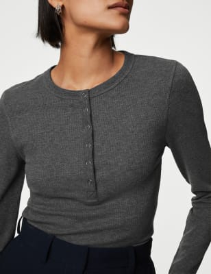 

Womens M&S Collection Cotton Rich Ribbed Henley Top - Dark Grey Mix, Dark Grey Mix