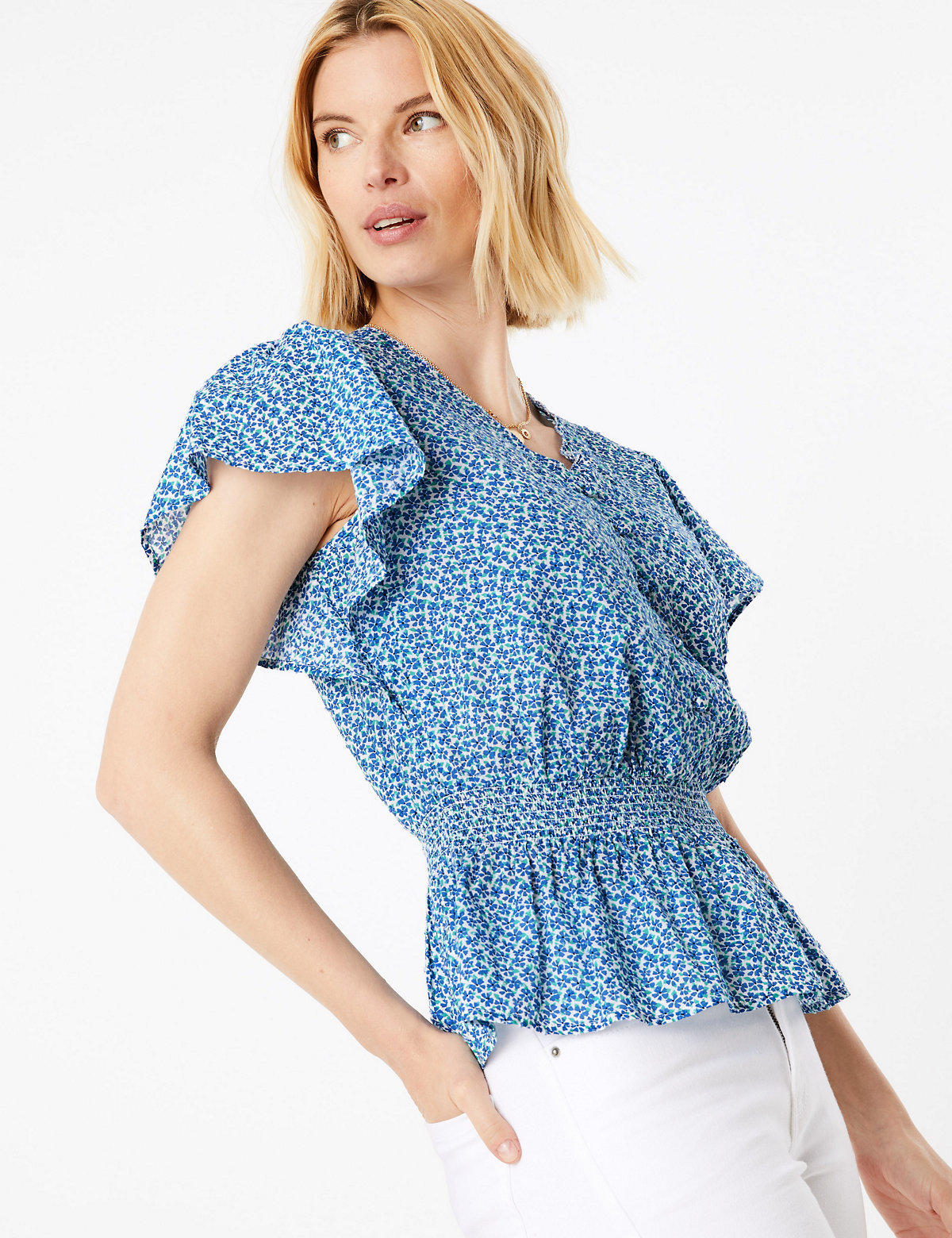 Pure Cotton Floral V-Neck Waisted Blouse