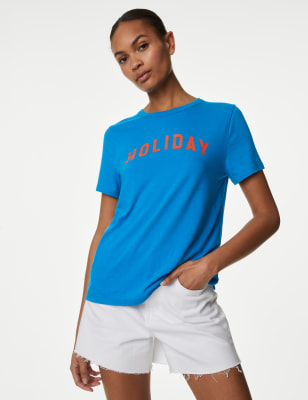 

Womens M&S Collection Cotton Modal Blend Slogan T-Shirt - Blue Mix, Blue Mix