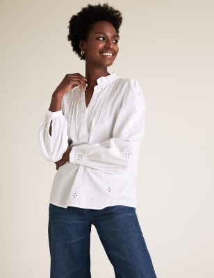  Blouse 100 % coton à manches longues et motif brodé - Ivory