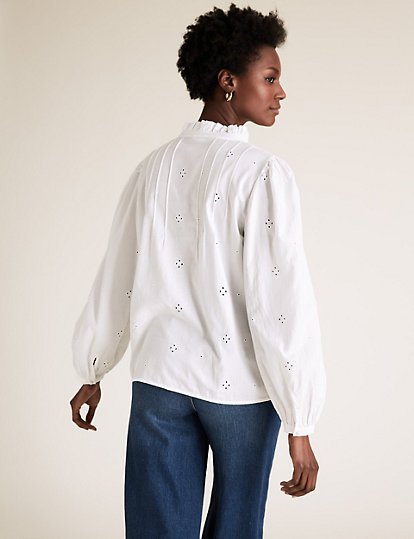 Pure Cotton Broderie Long Sleeve Blouse
