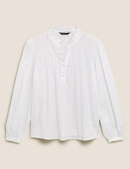 Pure Cotton Broderie Long Sleeve Blouse