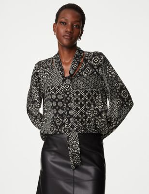 

Womens M&S Collection Printed Tie Neck Popover Blouse - Black Mix, Black Mix