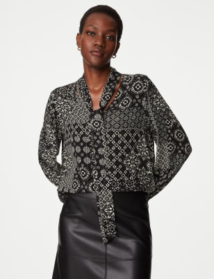 Printed Tie Neck Popover Blouse - SE