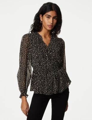 Printed V-Neck Ruffle Puff Sleeve Blouse | M&S CA