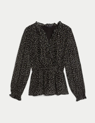 

Womens M&S Collection Printed V-Neck Ruffle Puff Sleeve Blouse - Black Mix, Black Mix