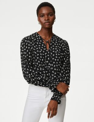 

Womens M&S Collection Printed Frill Detailed Tied Blouse - Black Mix, Black Mix