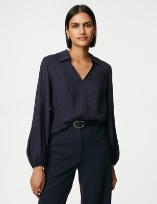 

Womens M&S Collection Jacquard Collared Relaxed Shirt - Dark Navy, Dark Navy