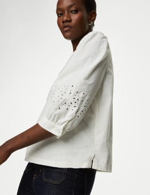 Pure Cotton Cord Broderie Puff Sleeve Top | M&S SA