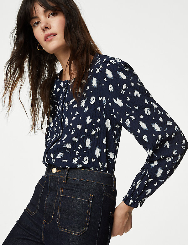 Printed Textured Button Through Blouse - BE