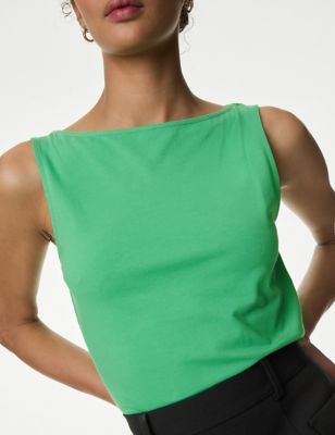 M&S Women's Cotton Rich Slash Neck Vest - 6 - Medium Green, Medium Green,Pink,Conker,Iris