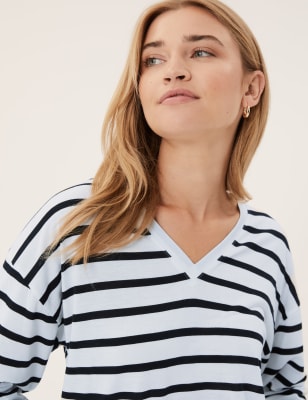 Striped V Neck Relaxed Long Sleeve Top