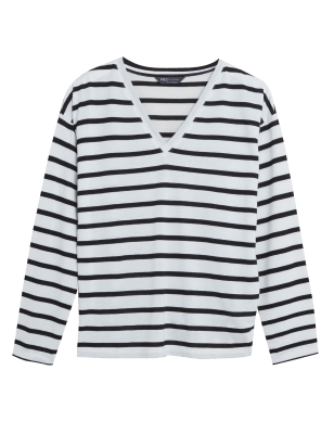 

Womens M&S Collection Bequemes Langarmoberteil mit V-Ausschnitt und Streifen - Ivory, Ivory