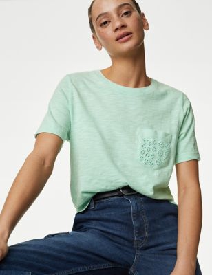M&S Womens Embroidered Pure Cotton T-Shirt - 8 - Light Green, Light Green,Ink,Soft White