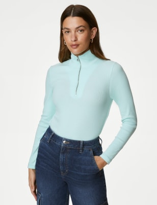 

M&S Collection Top con media cremallera acanalado de algodónWomens - Pale Aqua, Pale Aqua